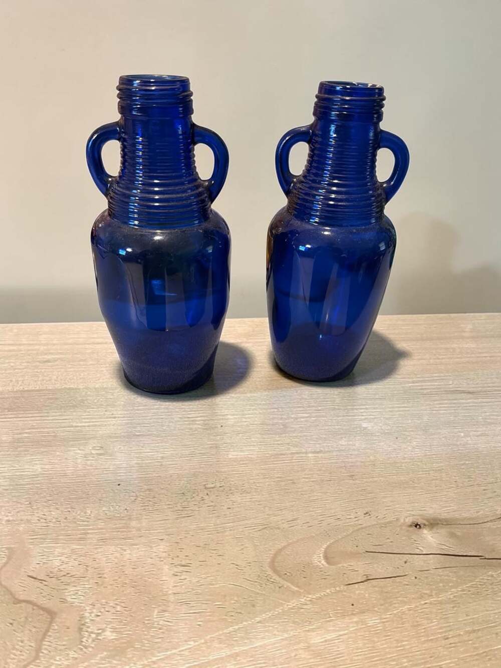 Vintage Cobalt Blue Glass Amphora Style Bud Vases Set of 2